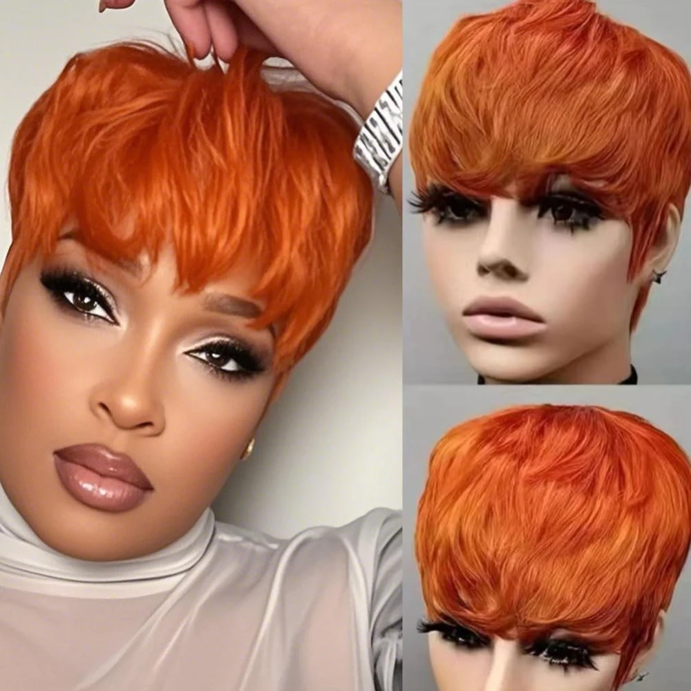 350 # 99J/1Bカラーのピクシーカットストレート人毛ウィッグ、女性用フルマシンメイドウィッグ、ショートレイヤードストレートウィッグ（前髪付き）