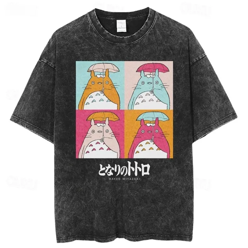 

2025 Totoro Animation Peripheral Retro Wash To Do Old Pure Cotton Pattern Breathable Print Men's and Women's Casual Round Colla