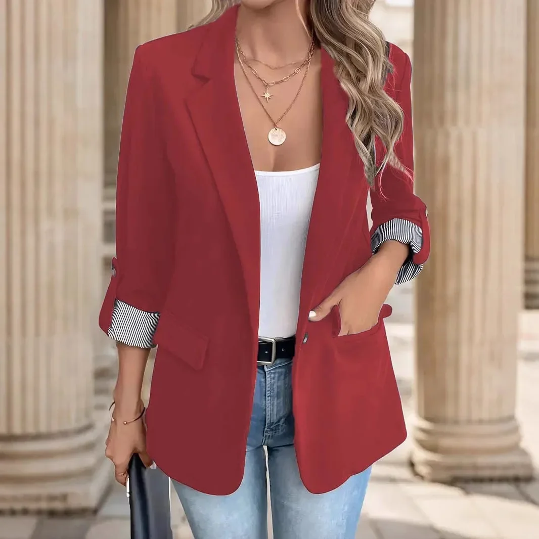 Blazers Women Cardigan Single Button Blazers Suits Outerwear Solid Turn Down Collar Casual  Summer Pockets Spliced