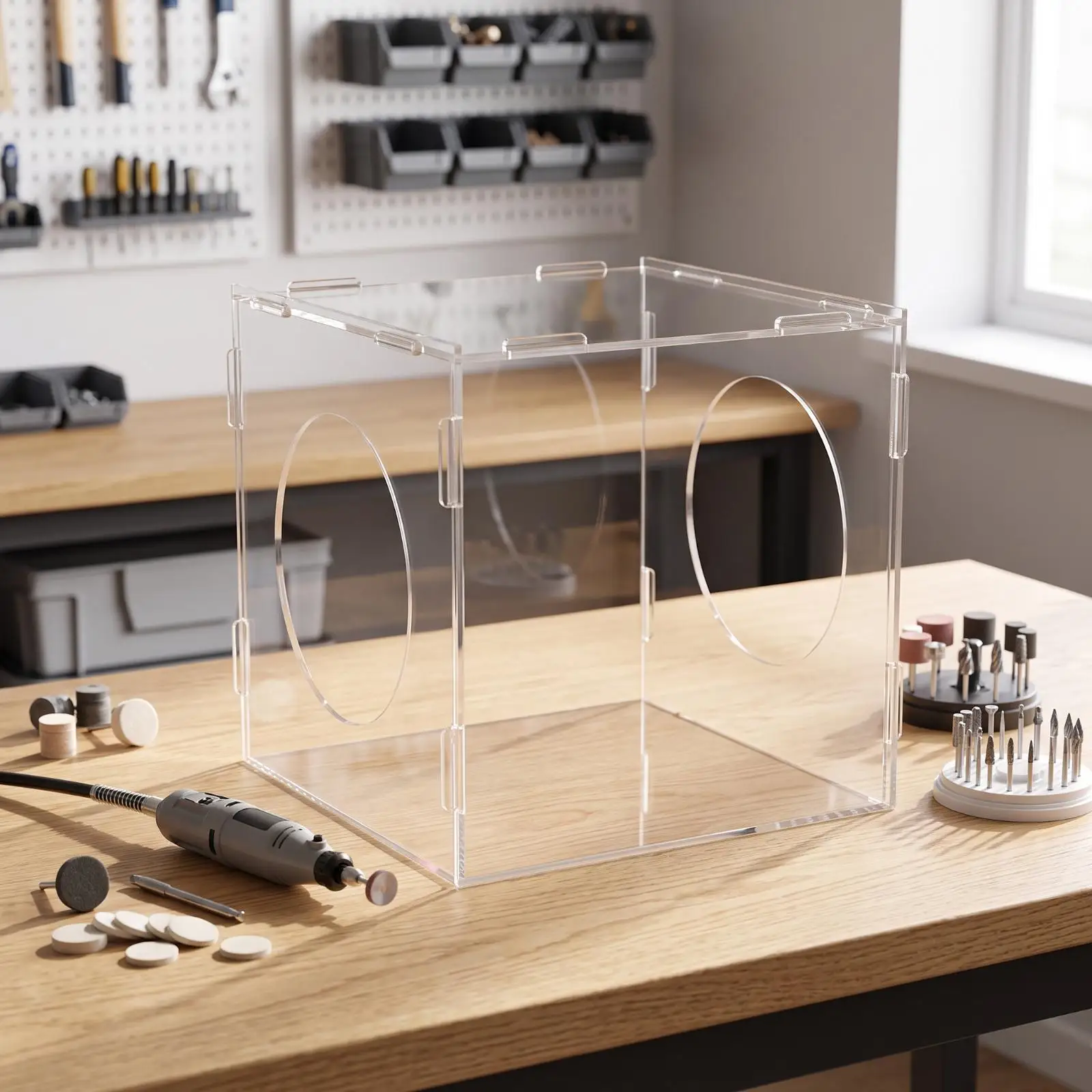 Acrylic Dust Cover for Craft Desk Transparent Polishing Enclosure with Circular Hand Holes Foldable Shield for Tools
