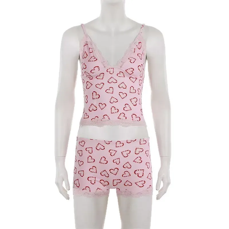 Charming Tiny Floral Print Women's Cotton Blend Lounge Set, V-Neck Camisole & High Waist Slim Shorts, Breathable Soft Spring Sum