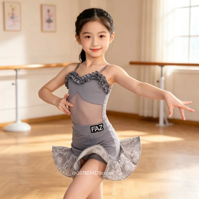 

Girls Latin Dance Costume Grey Lace Top Printed Split Skirt Customized Professional Practice Competition Performance Wear Zym
