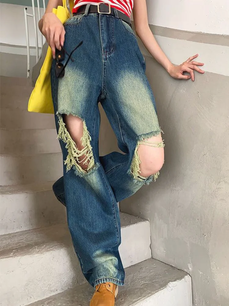 Jeans Women Ripped Students S-4XL Vintage Daily Bleached Simple Summer Designer Fashion Casual Korean Style High Street Harajuku