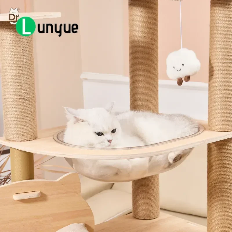 Multifunctional Cat Tree with Closed Nest High Jumping Platform Wear Resistant Hemp Rope Scratching Post Interactive Teaser