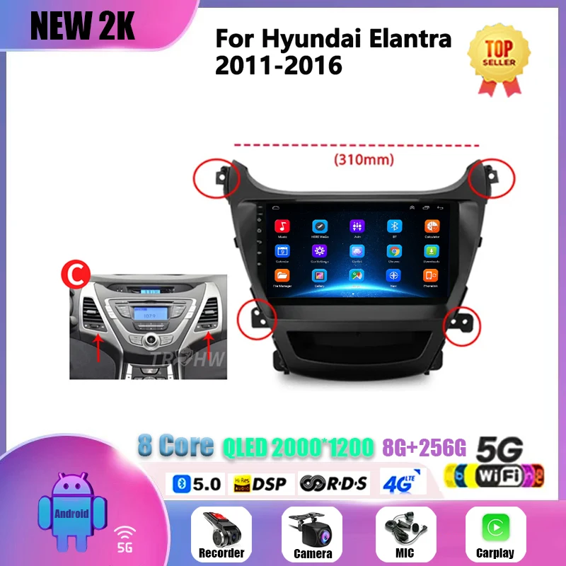 For Hyundai Elantra Avante I35 2011 - 2016 Android 13 Carplay Car Radio Navigation GPS Multimedia Player stereo WiF+4G 360Camera