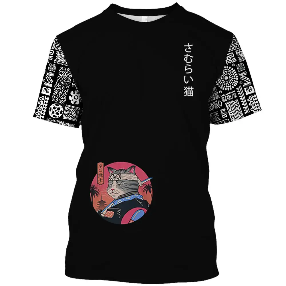 Cartoon Anime Samurai Cat Printed T Shirt For Men Outdoor Hip Hop Harajuku Vintage Clothes Casual O-neck Loose Short Sleeve Tees