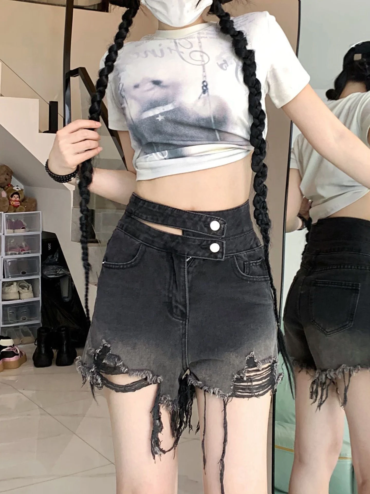 

Джинсы American Girl с градиентным эффектом, выцветшие, свободного кроя, с высокой талией, широкими штанинами, женские, летние, новый стиль, утягивающие, джинсовые брюки