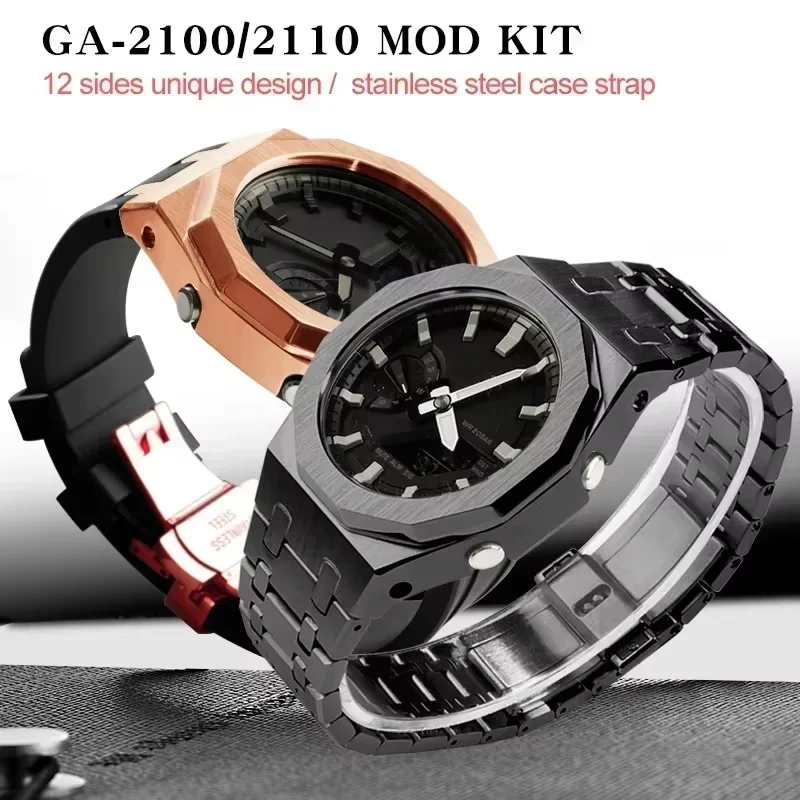 New 12 Sides Ga2100 Steel Case Rubber Strap Metal Watch Mod Kit for CASIO GM-2100 GA2110 GA-B2100 Watch Band Refit Accessories