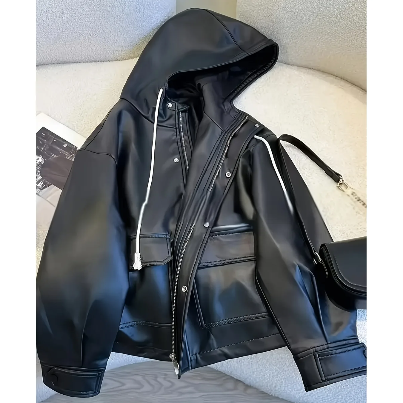 Black Hooded PU Leather Jacket Women's Fashionable Versatile High-End Feel Autumn Wear New Korean Style Elegant Outerwear