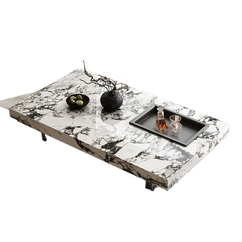 Rectangular Glossy Rock Slab Coffee Table Storage Tray Drawer Exquisite Frame Coffee Table Stainless Steel Base Home furniture