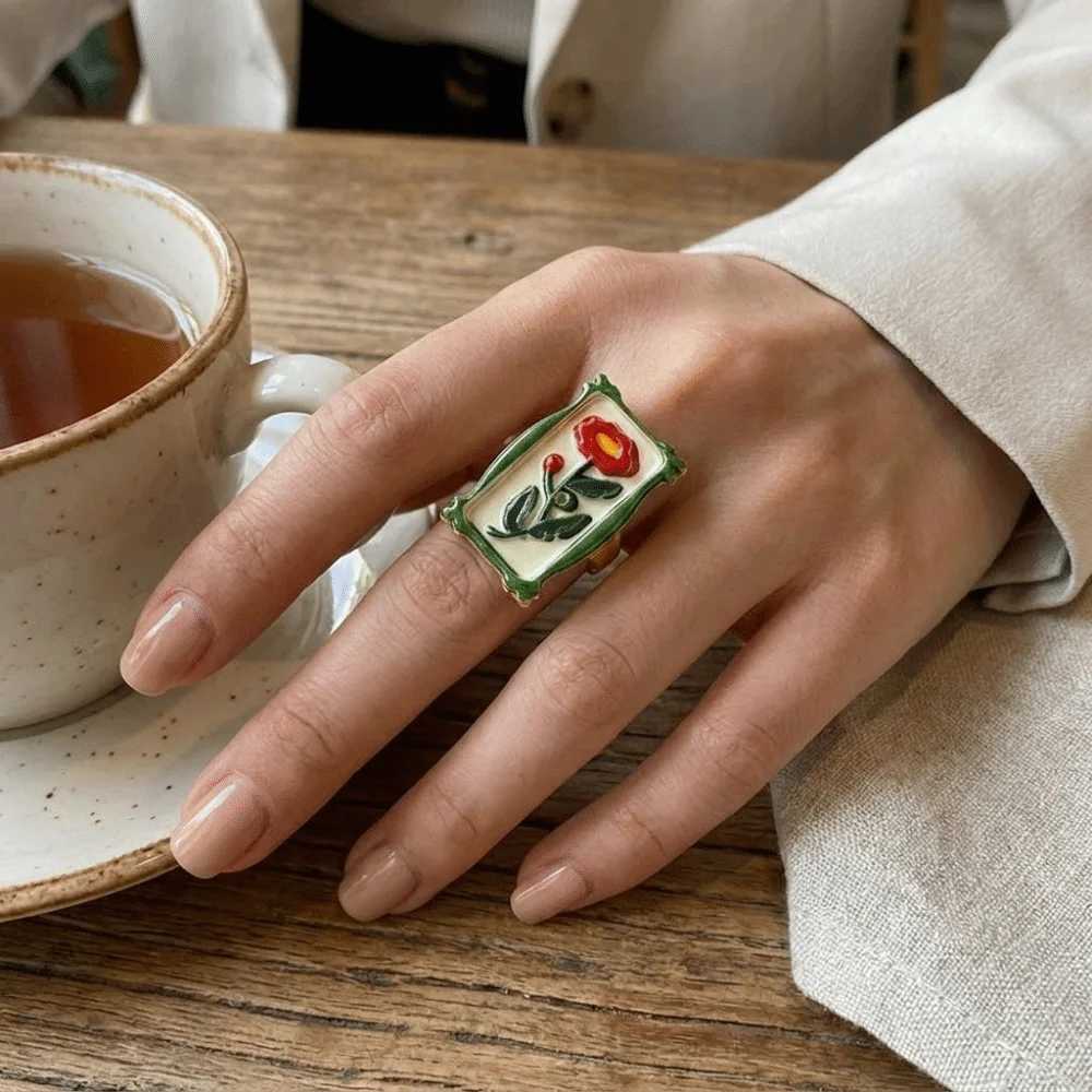 Pomegranate Printing Colorful Enamel Flower Ring Photo Frame Adjustable Size Ethnic Style Ring Enamel Drip Irregular Rotundity