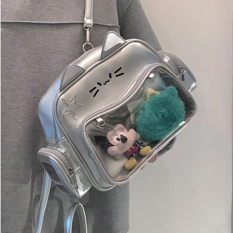 Y2K Japan Silver Cat Backpack Cute Ita Shoulder Bags Sweet Girl Transparent Pocket Travel Bag Women Crossbody Bag Mochilas