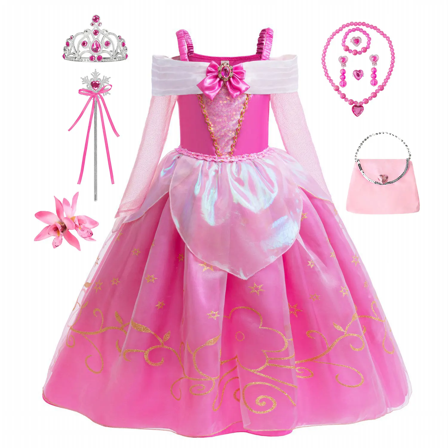 

Girl Pink Off Shoulder Princess Dress with Bow Gem Gold Star Flower Pattern Costume Kid Halloween Party Sleeping Beatuty Apparel
