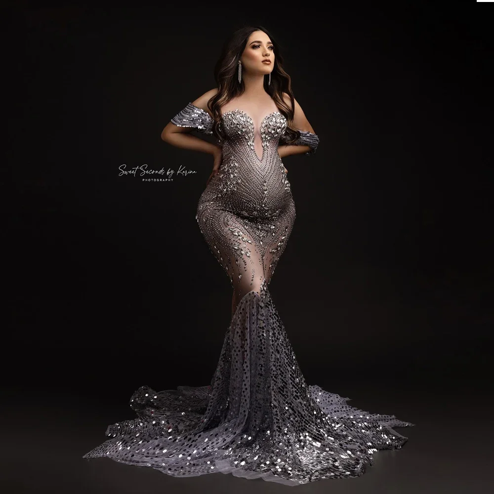 Elasticity Sparkly Rhinestones Maternity Photography Gown Large Size Dress Suitable For Pregnant Women Photography Clothing Prop