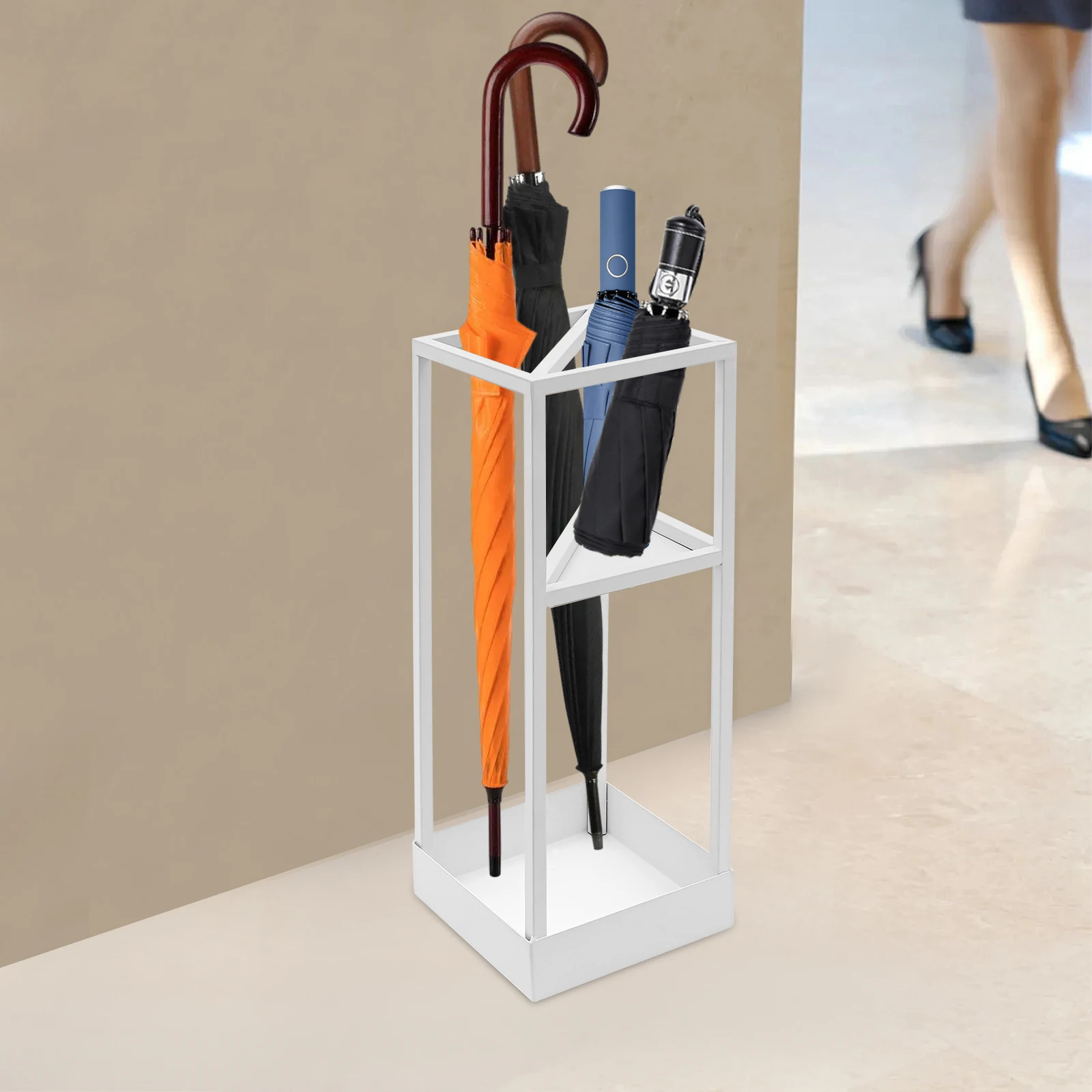 White Umbrella Rack(7.87x7.87x20.87in)—Iron(Welding/Spraying,Anti-Rust), 2-Tier Storage(Triangle Shelf), Drip Tray, No Assembly