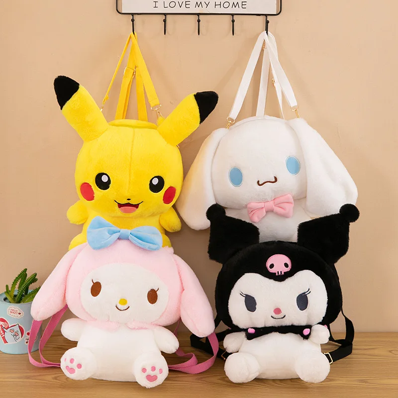 32CM Sanrio Plush Doll Kawaii Cinnamorol Plush Stuffed Backpack Girl Cute Kuromi One Shoulder Crossbody Bag Birthday Gift