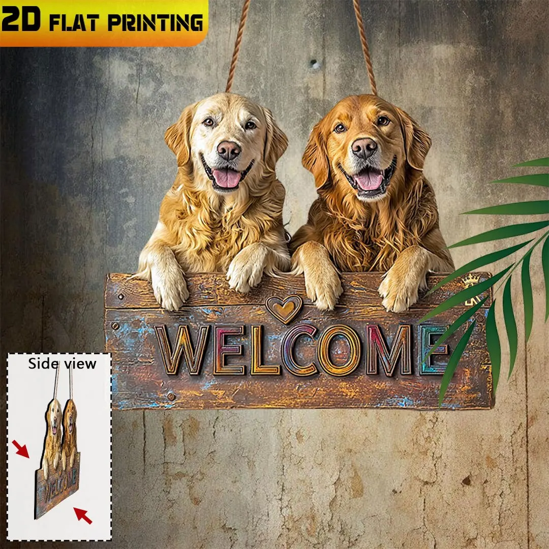 2D Flat,Wooden Signs,Two Golden Retrievers Welcome Sign, Outdoor Decor, Animal Decor, Housewarming Gift, Gifts for Animal Lovers