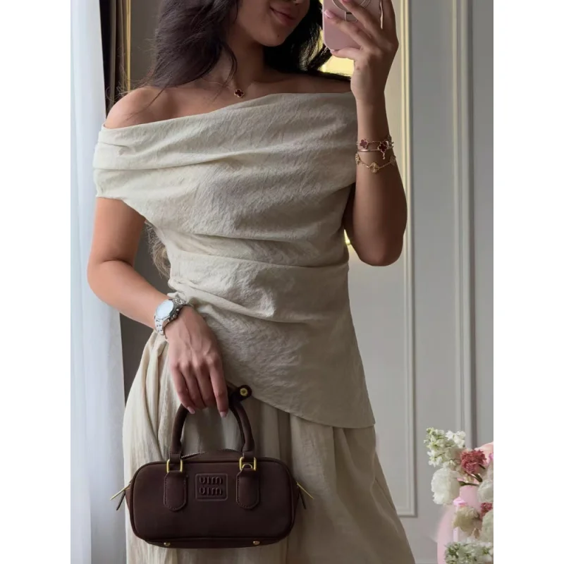 Solid One Shoulder Top Lantern Pants Set Women Chic Cotton Linen T-shirt Wide-leg Pants Suit Elegant Lady Summer Daily Outfits