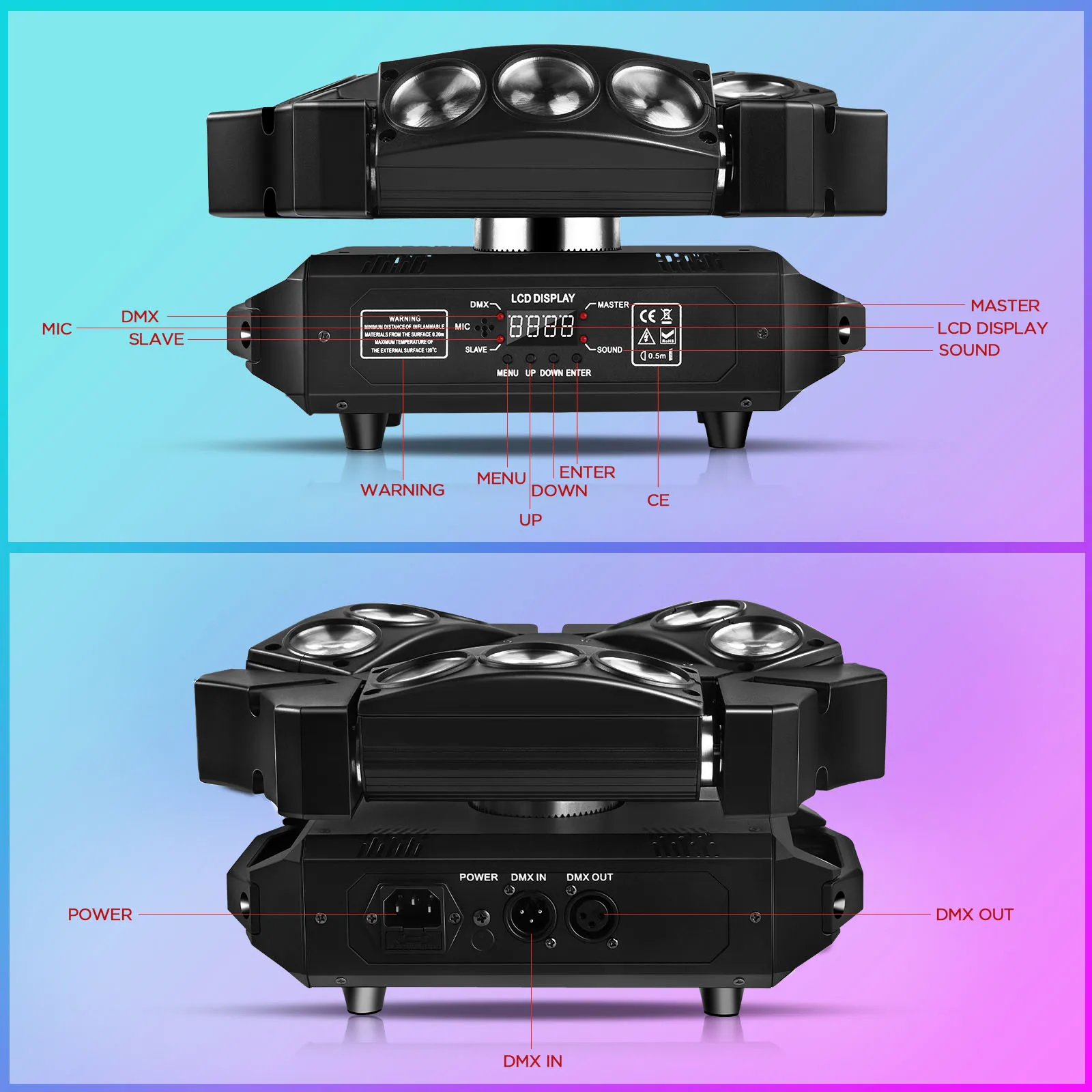 Imagem -04 - Fieryzeal-mini Moving Head Light Luz Efeito de Palco Leds Rgb Dmx512 Som Ativo Luzes dj Luzes Disco Cabeças 60w