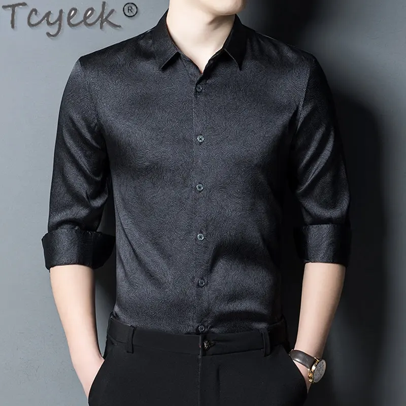 Tcyeek Spring Autumn Mens shirts Real Mulberry Silk Shirt men Long-sleeves black Shirts for Men Clothing Fashion Blusa Masculina