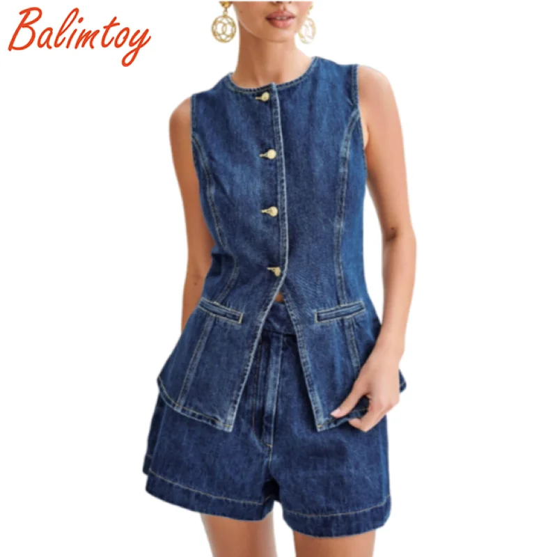 

Casual Elegant Two-Piece Outfit For Commuting Travel Summer Women's Denim Suit Set High Waisted Shorts Sleeveless Cropped Jacket