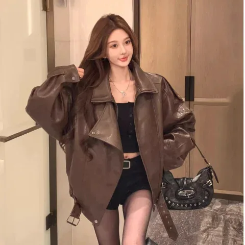 Retro High-End Women's Leather Jacket Motorcycle Style Loose Fit Autumn New Design PU Coat Female Fashion Upper Apparel