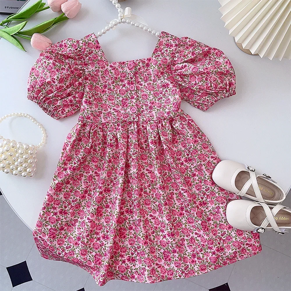 Summer New Korean Version Girl Flower Print Square Neck Bubble Sleeve Princess Dress Party Birthday Children's Casual Clothes image 2