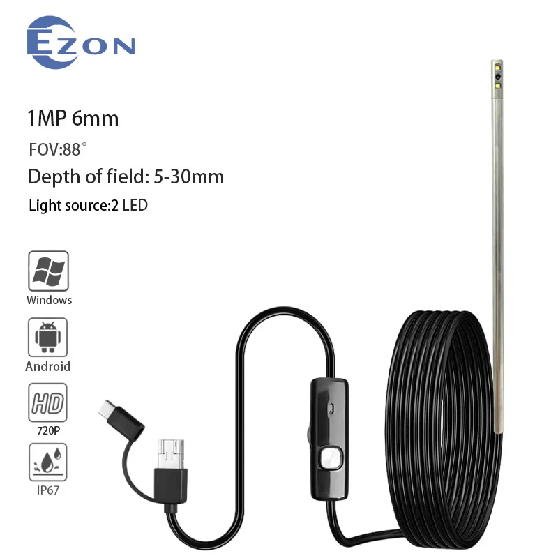 Caméra endoscopique Android TYPE-C 6MM, étanche IP67, 2 LED, Endoscope réglable, caméra pour l'inspection des pipelines