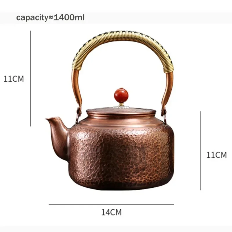 1.4L Handmade Copper Pot Chinese Style Tea Kettle Large Capacity Pure Copper Boiling Kettle Kung Fu Teapot Healthy Tea Set