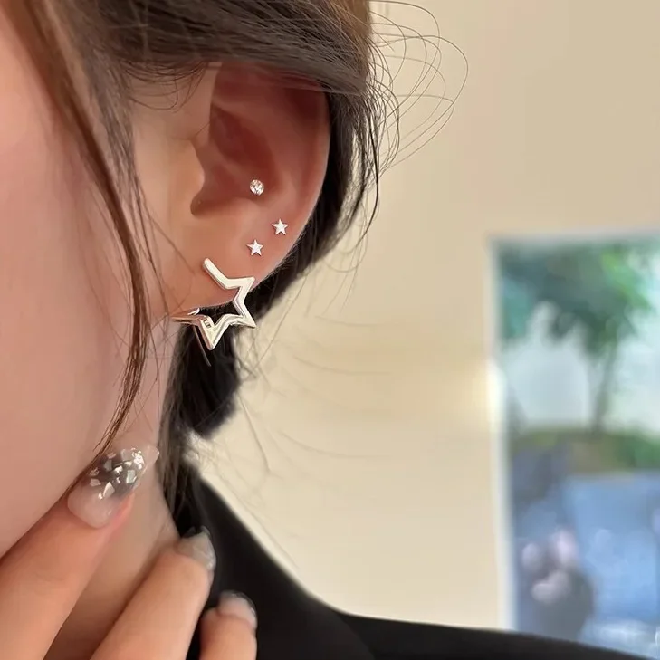 PONYKISS 925 Sterling Silver Hollow Star Hoop Earrings for Women Minimalist Cute Fine Jewelry Korean Version Accessories