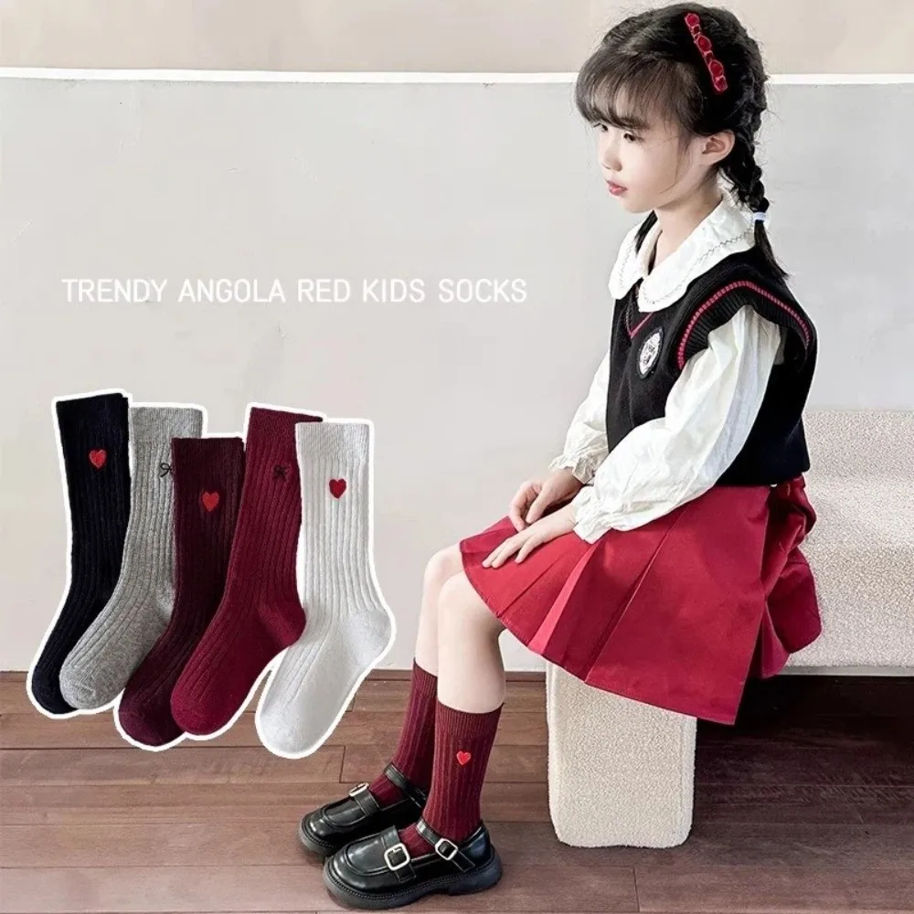 

5 пар мягких детских носков с вышивкой в виде сердца и банта, однотонные впитывающие пот носки средней длины, детские носки до середины икры, весенние