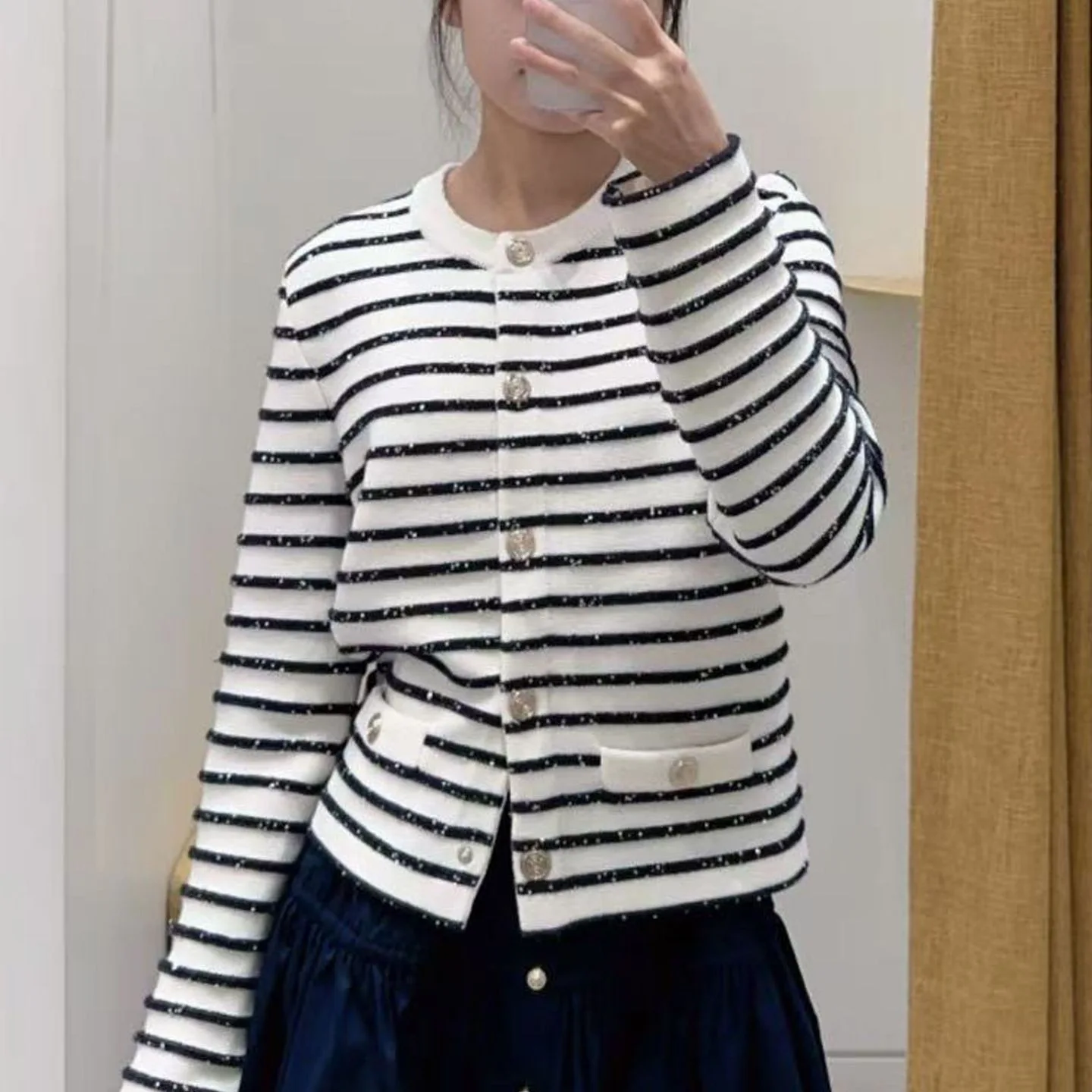 

Ele Striped Knitted Open Cardigan Outerwear for Women High-End Autumn Faion Glitter Stripes M-Home Ladies Premium Clothing