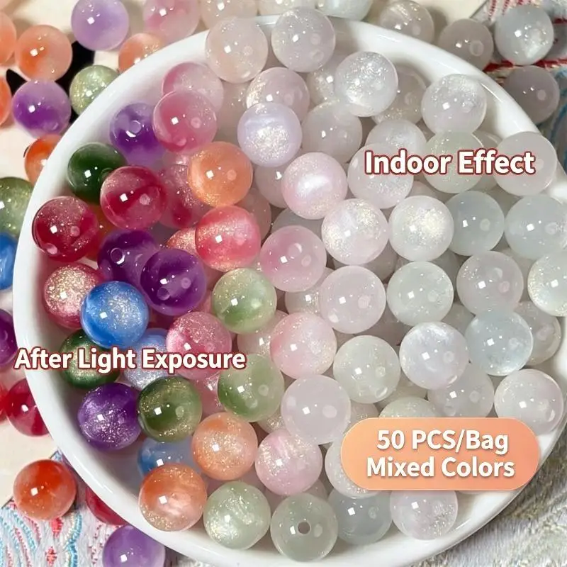 50Pcs UV Color Changing Glitter Resin Bead Multiple Color with Pre Drilled Hole for DIY Bracelet Jewelry Making Craft Making