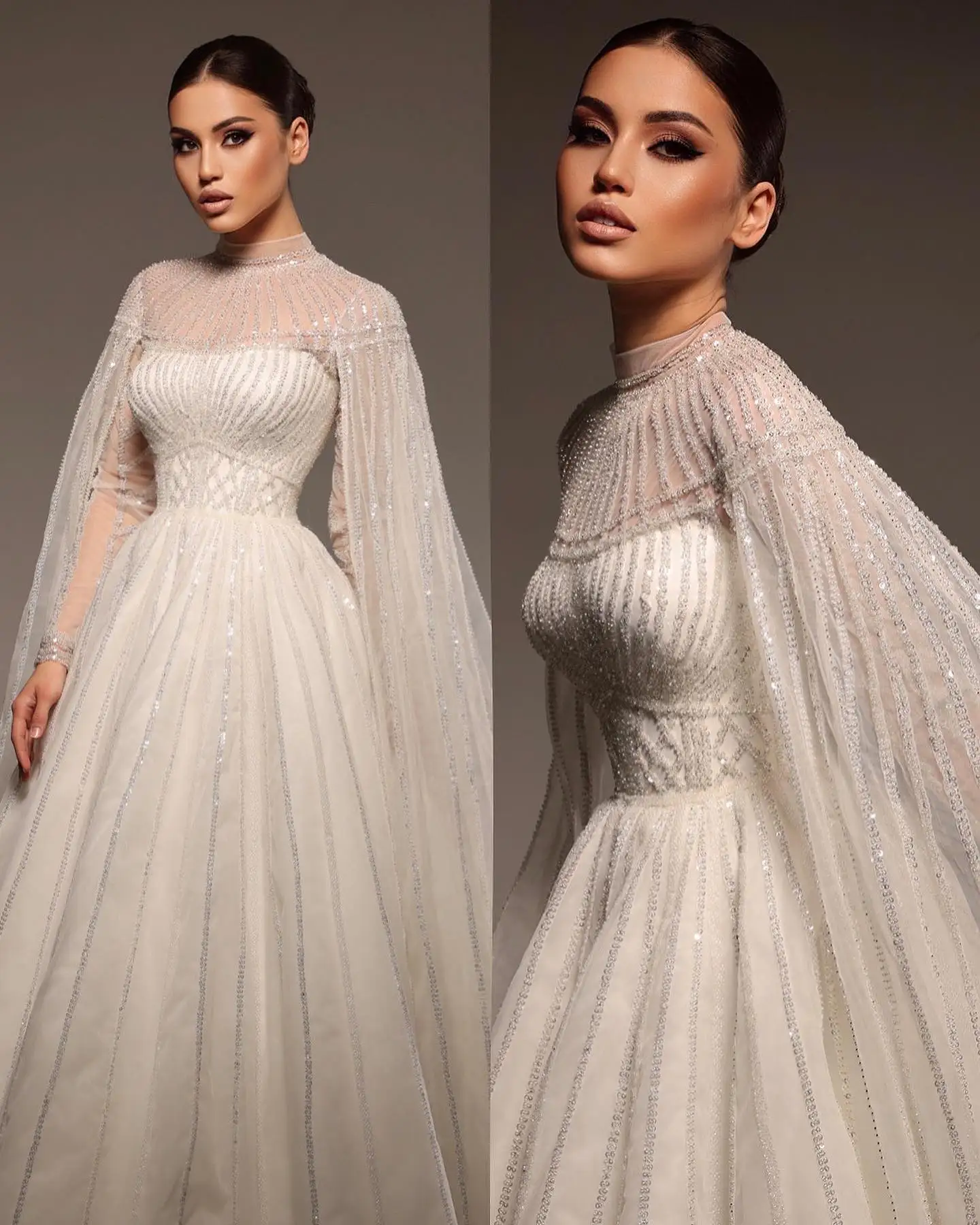 

Delicate A-Line Wedding Dress For Women Sequins High Collar Bridal Gown Long Sleeves With Jacket Sweep Train Skirt Dresses