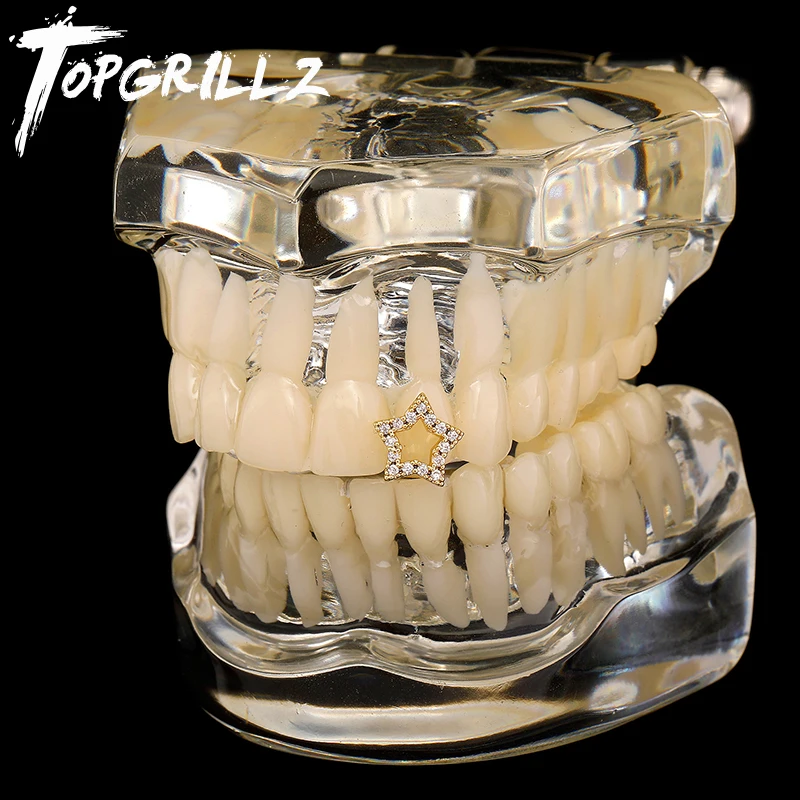 TOPGRILLZ Full Iced Out CZ Stones Teeth Grillz Caps Star Single Teeth Grillz 14K Gold Plated  For Women Men Punk Jewelry