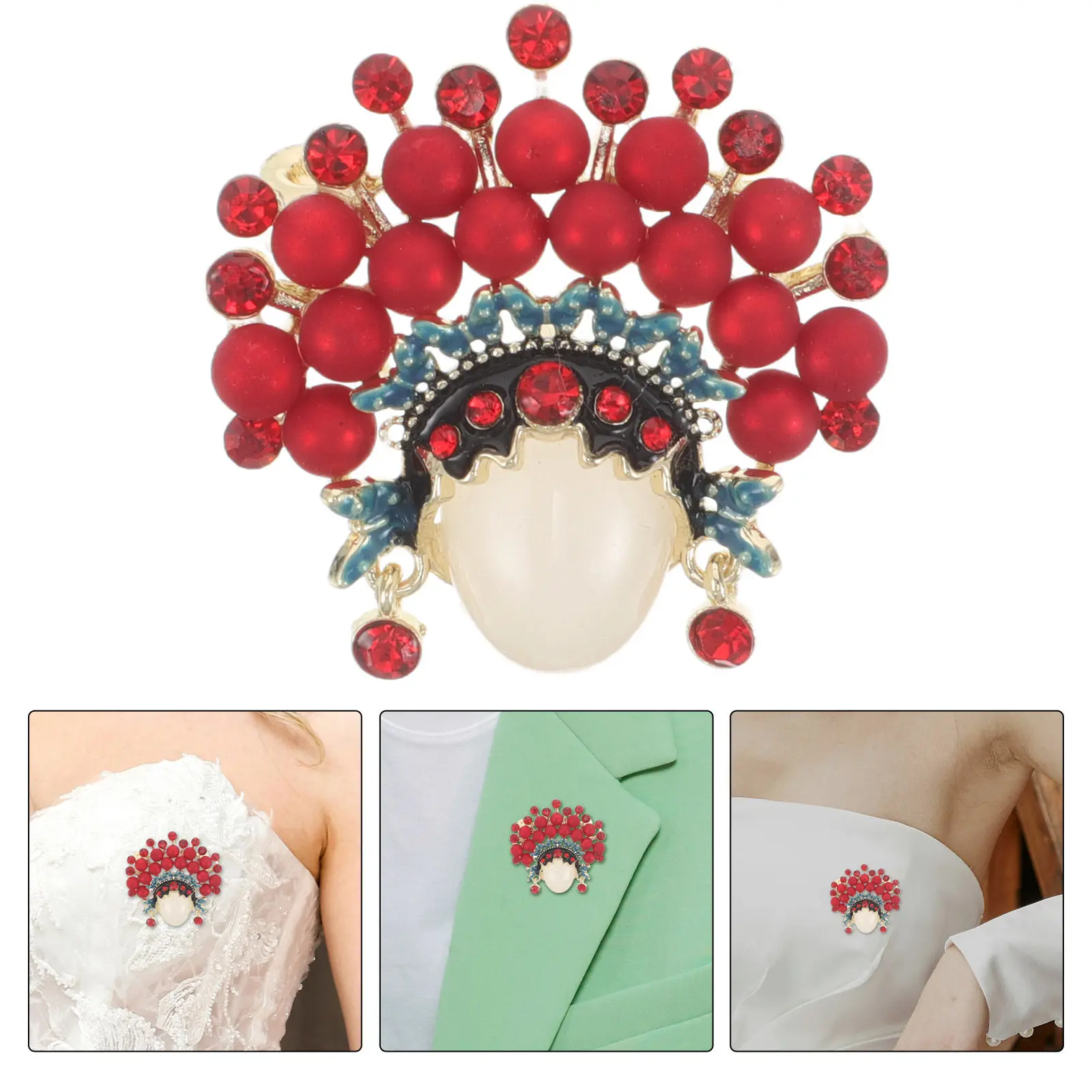 Chinese Style Peking Opera Brooch Pin Red Flower Metal Brooch Decorative Brooches for Coats Cardigans Scarves Bags Women