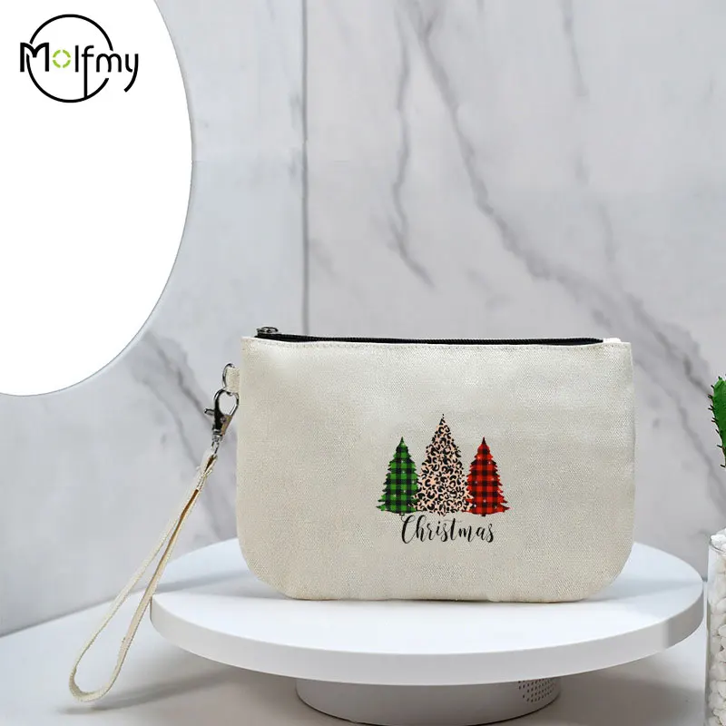 Bolsa de cosméticos navideña para mujer, bolsas de maquillaje de lona para maquillaje, buen regalo, bolsa organizadora, teléfono móvil, lápiz labial, llave, bolsillo con cremallera