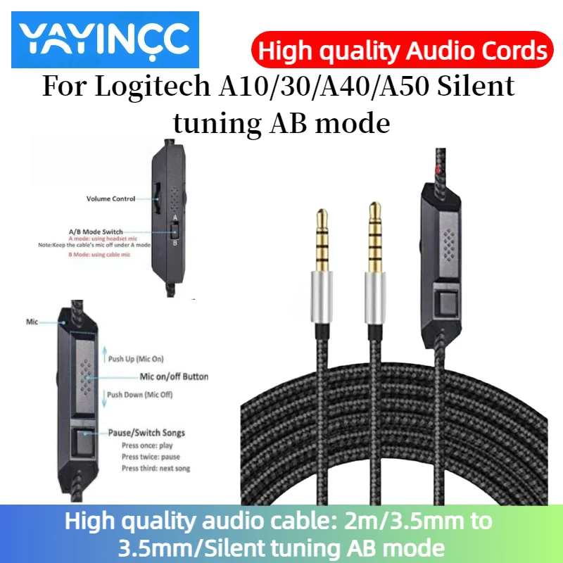 

High quality audio cable For Logitech A10/30/A40/A50 Headset Silent tuning AB mode 3.5mm to 3.5mm plug braided wire