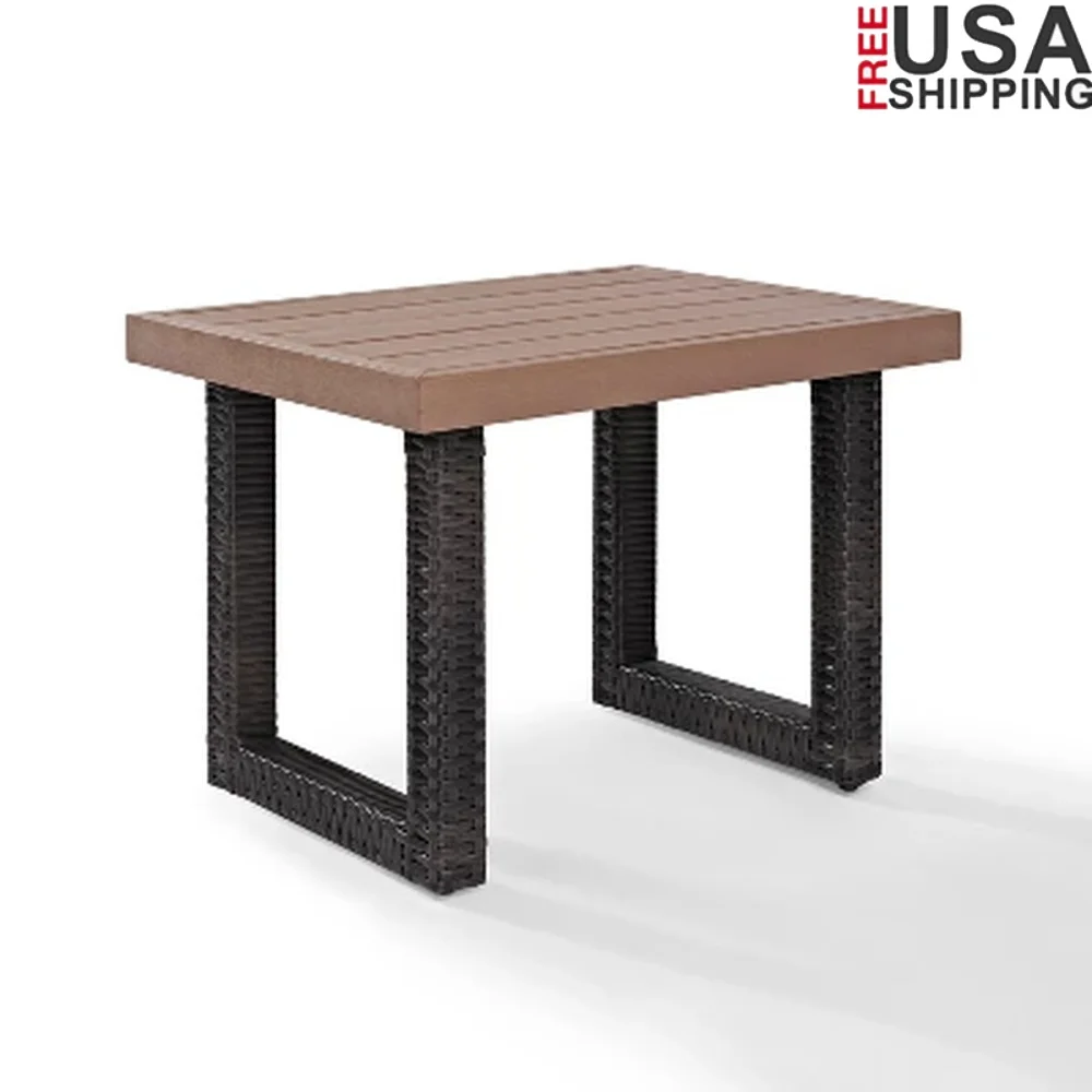 

Modern Wicker Side Table UV Resistant Outdoor Resin Furniture Easy Assembly Durable Steel Frame Faux Wood Top