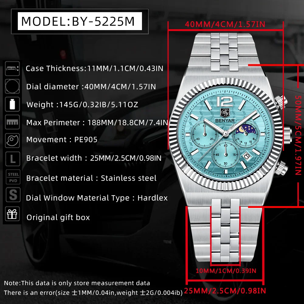 2025 Benyar new 40MM men's watch luxury brand quartz watch stainless steel 30 meter waterproof luminous men's chronograph