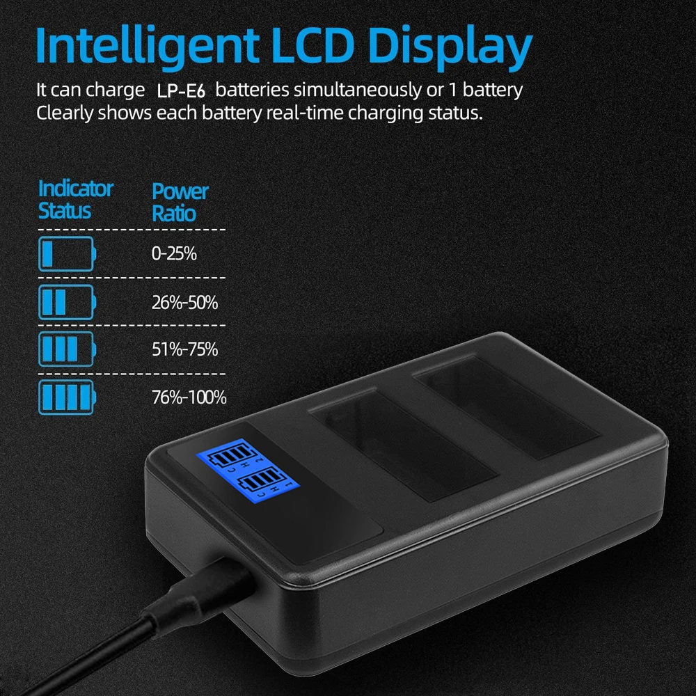 LP-E6 Battery Charger Dual Slot, Suitable for Canon Camera Battery Charging R7, E6, R5, R, 90D, 80D, 70D, Etc. view 3