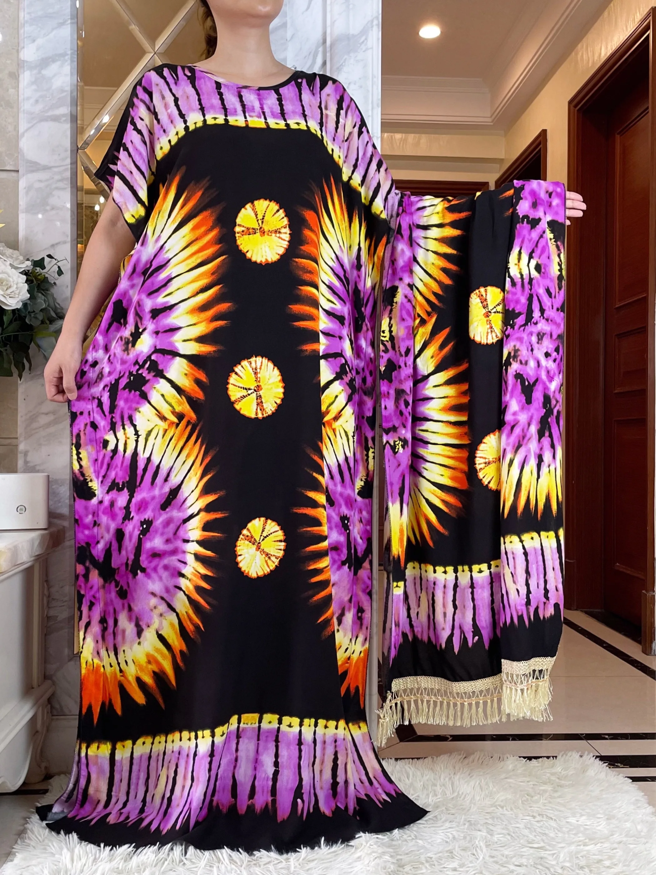 2024New African Women\'s Summer Short Sleeve Dashiki Cotton Floral Dress Printed Loose Caftan Abaya With Big Scarf Casual Vestido