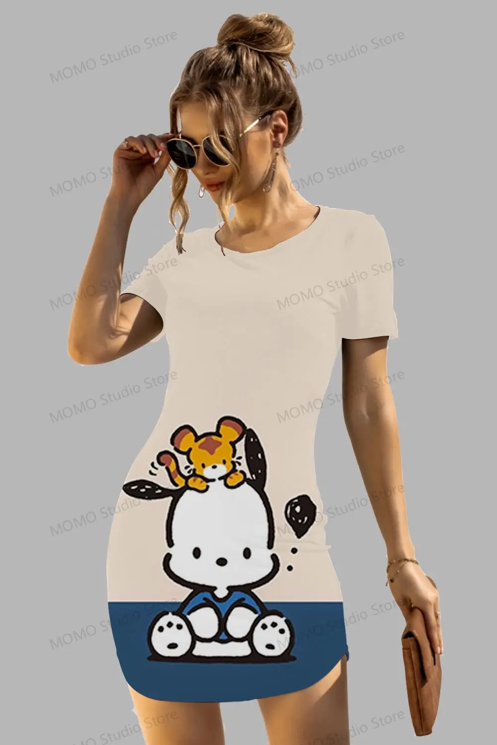 Women's Short Sleeve Hip  Dresses Kawaii Snoopy Y2k Boho O Neck S-3XL New Dress  Summer 2024 Fashion Elegant Sexy 2024