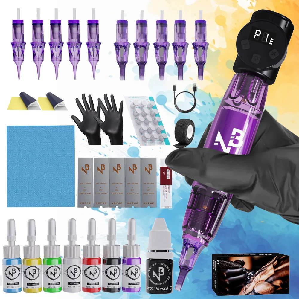 

Metallic Tattoo Pen Kit, wireless tattoo machine with portable power bank. Equipped with 10 tattoo needles, 8-color ink and complete professional supplies. All-in-one beginner tattoo gun set for body art creation.