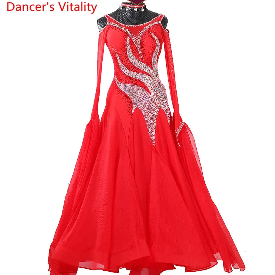 Luxe Waltz Dance Competition Kostuum Diamant Lint Mouw Jurk Ballroom Waltz Jazz Nationale Standaard Dansen Podium Outfit