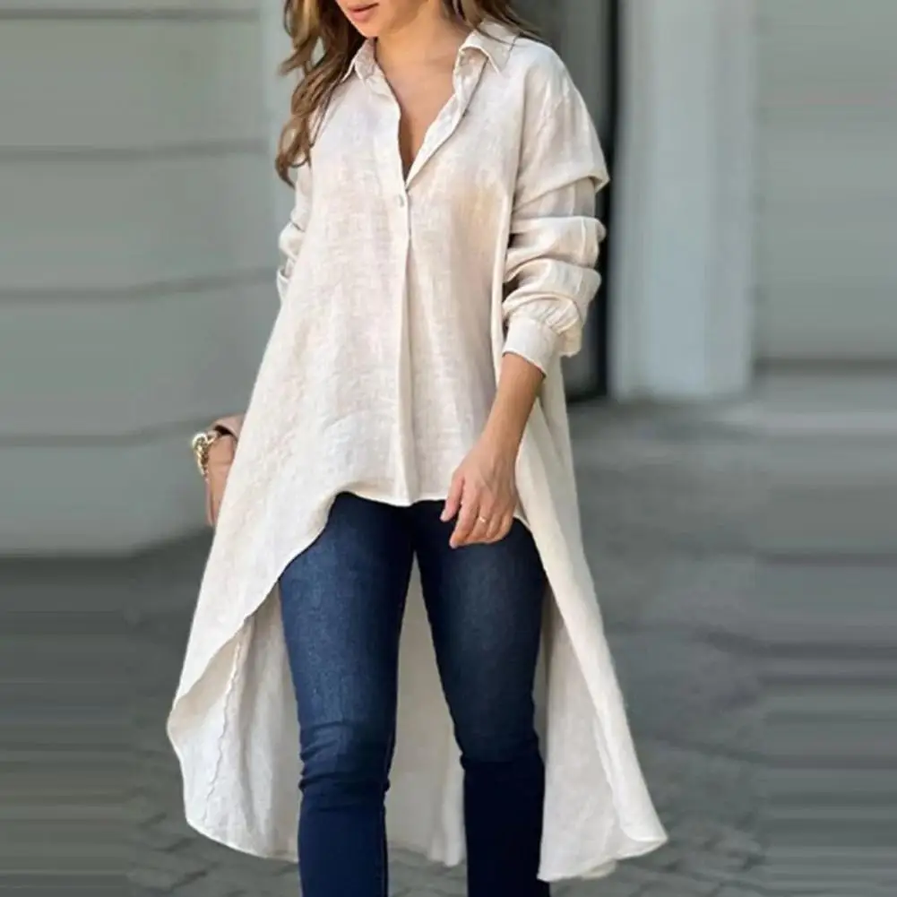 Thin Shirt Tops Women Tops Elegant Women's Lapel Button Neckline Long Sleeve Shirt with Irregular Hem Loose Fit for Workwear