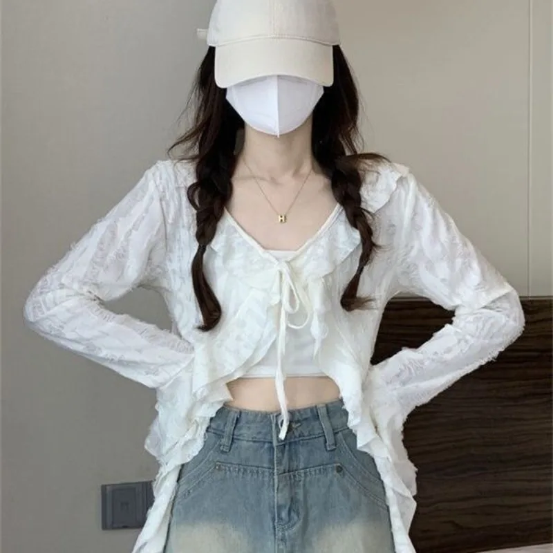 

Y2k Irregular Hole Hollow Out T-shirt for Women Ruffles Long Sleeve Tops Mujer 2025 Early Autumn New Slim Fit Tee Shirt