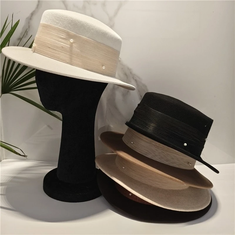 French Light Luxury Pearl Rhodochrosite Felt Flat Top Formal Hat Elegant British Style Lady Hat for Daily Party Dating