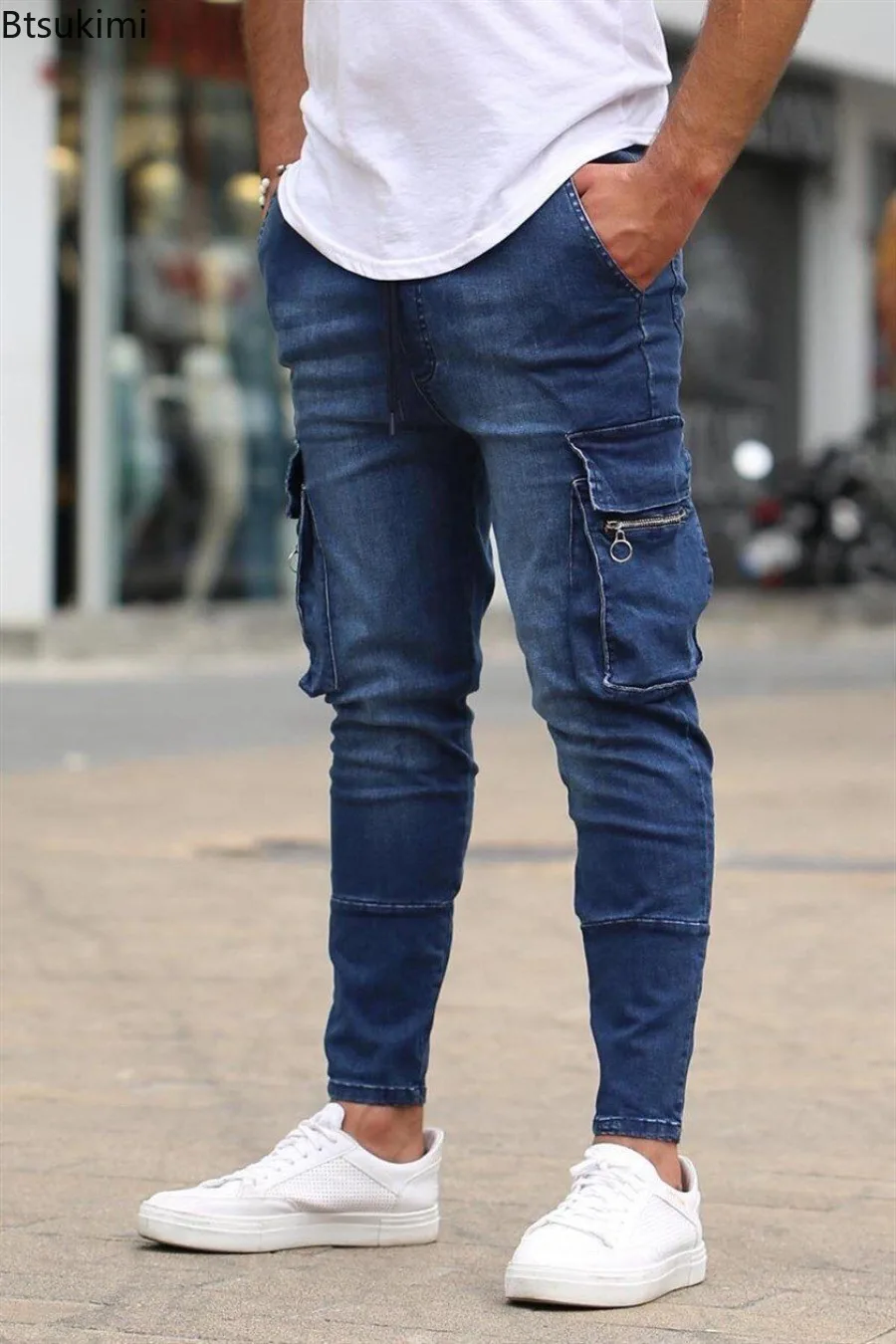 Street Style Jeans Men's Side Big Pocket Cargo Pants Fashion Zipper Small Foot Denim Pants Man Elastic Slim Fit Jogging Trousers