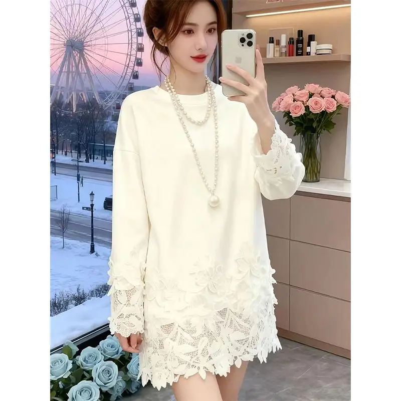 

Tops Women's Spring Fall French Lace Long-Sleeve T-Shirt Patchwork Warm Loose Fit Slimming Plus Size Base Layer New Comfortable